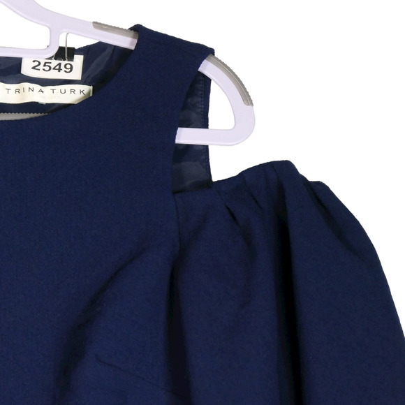 Trina Turk Mini Dress Dark Blue Small Cold Shoulders Long Sleeves Shift Evening - Picture 4 of 8